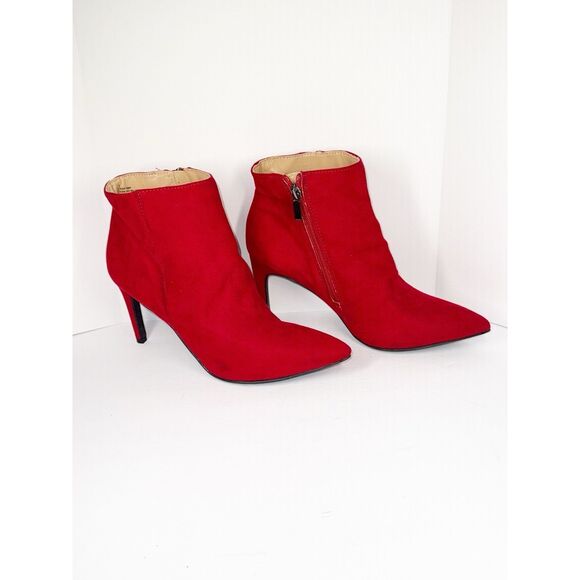 Red Pointed Toe Bootie Ankle Stilettos Boot Christmas Holiday Party Side Zip 8 - Picture 2 of 14